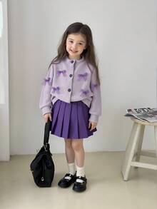 SHEIN Elladie kids 女童休闲日常针织开衫夹克，带蝴蝶结，活泼可爱，与裙子搭配，秋季儿童户外两件套开学装，秋冬华夫格纹理夹克 - 紫色 - 查看 4