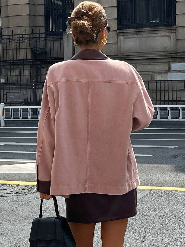 Women's Casual Street Style Patchwork Color Block Loose Pocket Jacket, Long Sleeve, Straight Fit + PU Mini Skirt Denim 2-Piece Set, Autumn/Winter