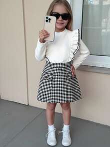Elladie kids 2 件套幼儿女童秋季新款罗纹面料白色长袖荷叶边衬衫上衣和千鸟格裙套装，简约时尚通勤套装 - 黑與白 - 查看 3