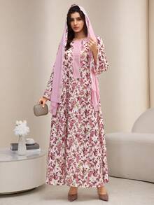 Al Najma Round Neck Floral Patchwork Solid Color Trim Printed Dress With Headscarf - Pink - View 4