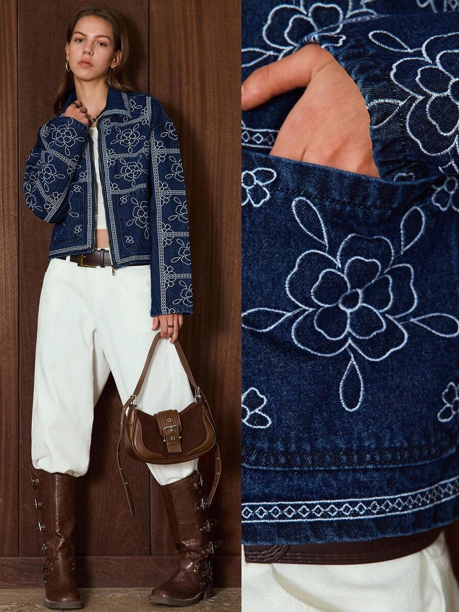 Easelle 女式花卉刺绣长袖拉链休闲牛仔夹克，秋季