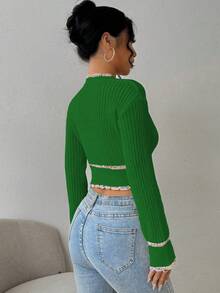 Chiquease Women's Elegant Autumn Contrast Trim Button Front Dropped Shoulder Ribbed Knit Cardigan - Dark Green - View 2