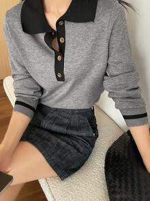 DAZY Women's Contrast Color Pullover Sweater, Elegant Long Sleeve Knit Top - Grey - View 1