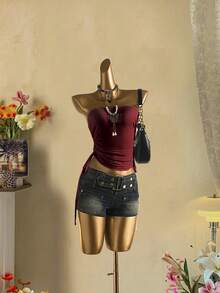 Attitoon 女士休闲抽绳系带短款抹胸 - 酒紅色 - 查看 2