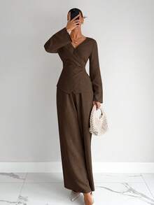 Siren Gaze Elegant Wrap-Around Long Sleeve Shirt And Pants Set, Cinched Waist, Women, New Autumn Collection Winter Brown,Fall,Fall Clothes For Women Spring - Brown - View 3