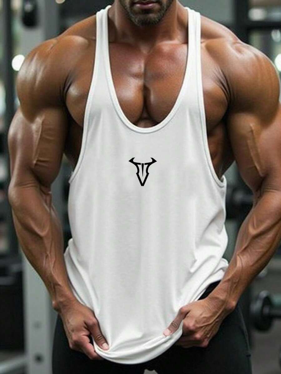 Manfinity Sport PWRUP 男士运动无袖运动 T 恤、吊带、背心 - 训练和健身和锻炼 落袖剪裁 吸湿排汗、透气、速干 公牛印花图案 白色常规版型针织面料 圆领 无弹力图案印花圆领无袖运动背心 男友风格 男士、夏季、男士健身背心、男士肌肉衫、健身上衣、无袖健身衫 健身上衣 健身上衣 白色背心 透气 - 白色 - 查看 1