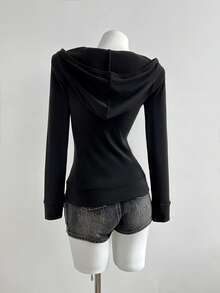 Elamini Women's Hooded Zip-Up Embroidered Fitted Long Sleeve Jacket - Black - View 2