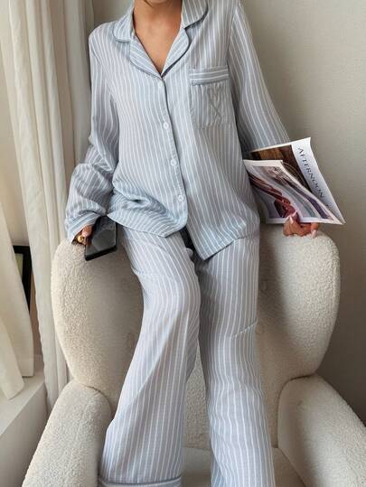 Women's Striped Heart Patchwork Collar Top & Pants Pajama Set Striped Pajama Set Striped Lounge Set Pajamas Set Two Piece Lounge Wear Set Light Blue Pj Set, Winter Clothes