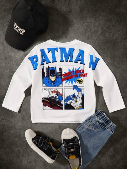 BATMAN X SHEIN Young Boy Cartoon & Letter Graphic Crew Neck Loose Knit Long Sleeve T-Shirt