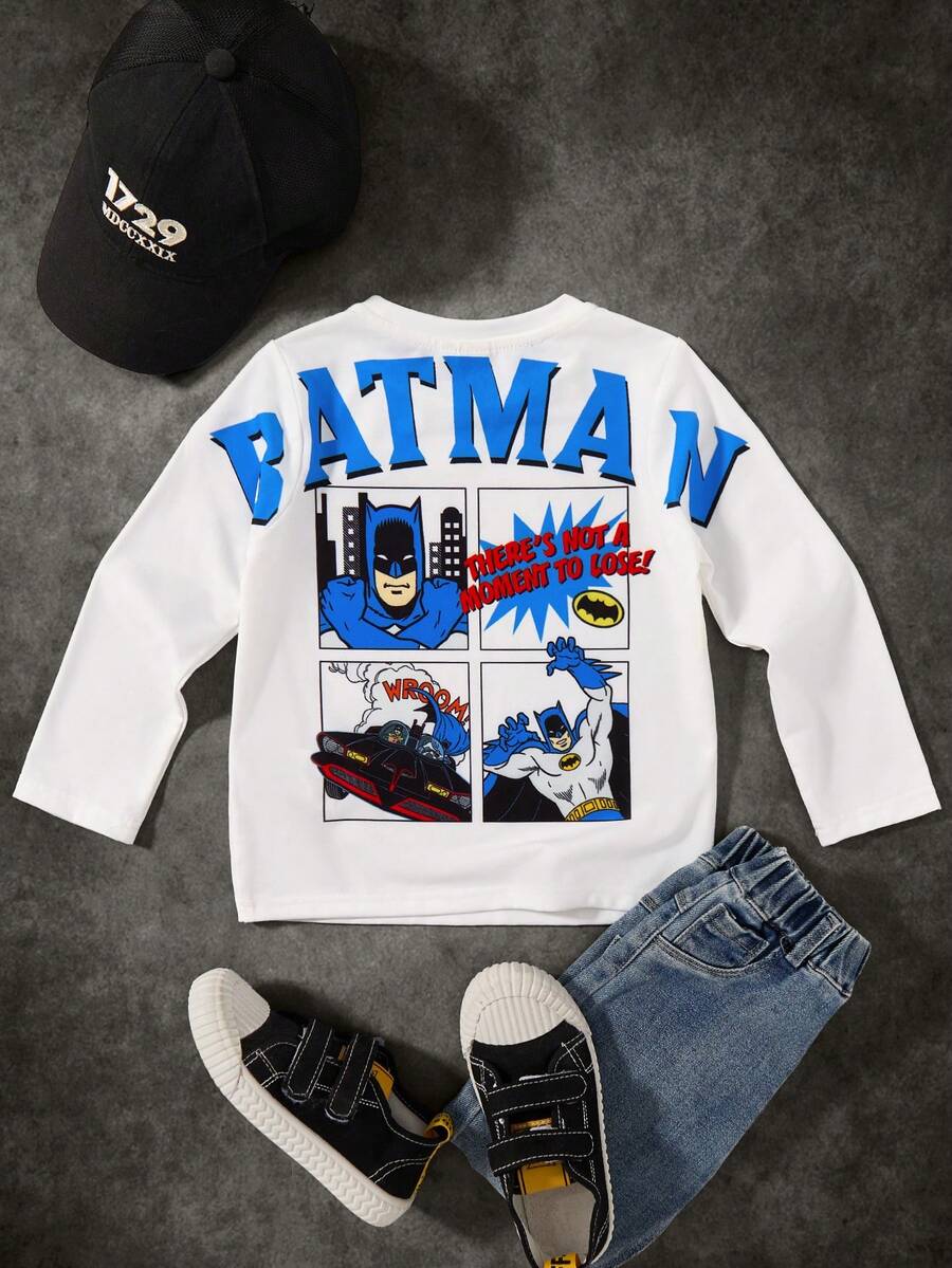 BATMAN X SHEIN Young Boy Cartoon & Letter Graphic Crew Neck Loose Knit Long Sleeve T-Shirt