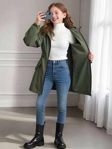 少女束腰连帽轻薄中长款夹克，适合秋季日常穿着 - 軍綠色 - 查看 7