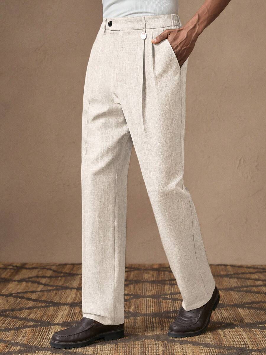 AKNOTIC 男士棕色“Old Money”梭织休闲直筒裤，松紧腰带，适合日常、通勤、春夏、度假、派对、婚礼、情侣、男友礼物、沙滩装 - 杏色 - 查看 1