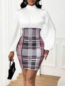 SHEIN Lady 女式立领灯笼袖格子拼接修身优雅连衣裙 - 彩色 - 查看 5