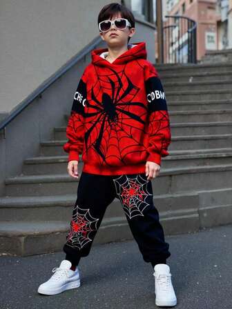 SHEIN Set de 2 sudaderas con capucha de manga larga con estampado de araña y superhéroe, estilo casual y cómodo para niño preadolescente, adecuado para otoño/invierno
