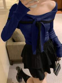 DAZY Maglione elegante da donna con fiocco e colore a contrasto, spalle scoperte, maniche lunghe, adatto per autunno/inverno - Blu Navy - Visualizzare 5