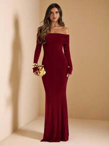 SHEIN BAE 1 chiếc váy maxi dài tay hở vai màu trơn bó sát gợi cảm eo ngắn đuôi cá cho nữ, váy nâu, váy cà phê, váy sinh nhật, trang phục mặc nhiều lớp thu/đông, váy dự tiệc - Màu Đỏ Sâu - Xem 3