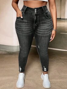 SHEIN SXY Jeans skinny strappati in vita alta, casual, adatti per tutti i giorni e per l'ufficio, moda di strada, taglie forti per donne - nero - Visualizzare 4