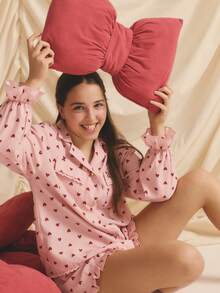 少女心形印花纽扣前开长袖衬衫和荷叶边下摆短裤套装 - 粉色 - 查看 5