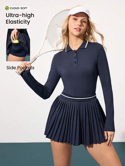 CourtClass Women's Pleated Hem Tennis Dress Long Sleeve Dress Navy Long Sleeve Dress Tennis Outfit Pleated Tennis Skirt Navy Athletic Skirt Long Sleeve Tennis Shirt Polo Tennis Shirt