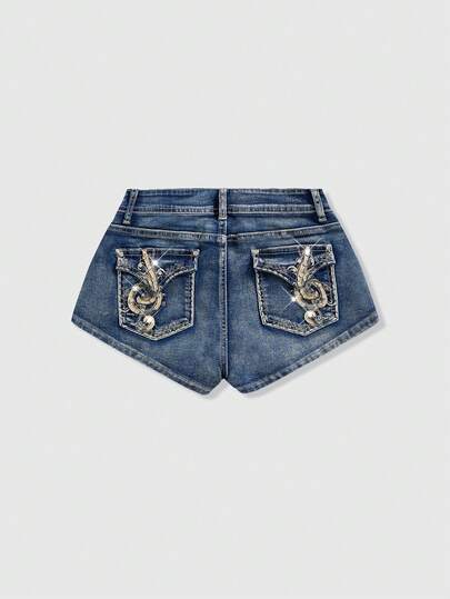 ROMWE Avant Short en jean sexy Baddie Vantage Y2K pour femme avec broderie perlée et notes de musique