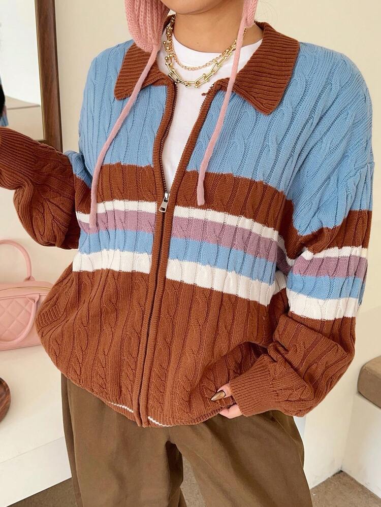 Dazy Plus Plus Size Women Casual Colorblock Turndown Collar Zip-Up Knit Cardigan Sweater, Autumn/Winter