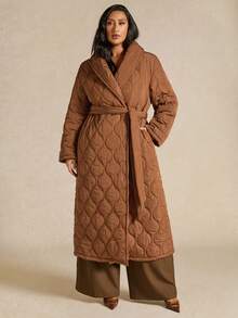 SHEIN BAE Plus Size Fashionable Versatile Solid Color Belted Jacket, Winter - Brown - View 6