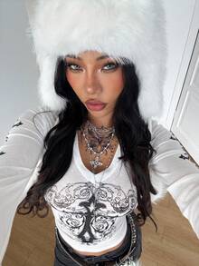 Coolane Women's Y2K Streetwear Daily Wear Casual Stretchy Cross Graphics Bustier V-Neck T-Shirt,Punk Top - White - View 4