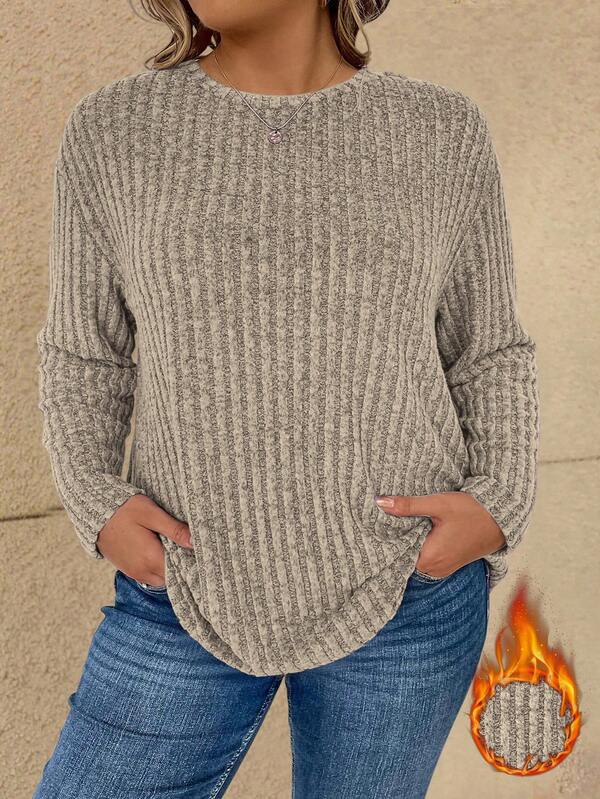 Vionelle Damen Große Größen Einfarbiges Rundhals Oversized Langarm Lässig Rippstrick T-Shirt