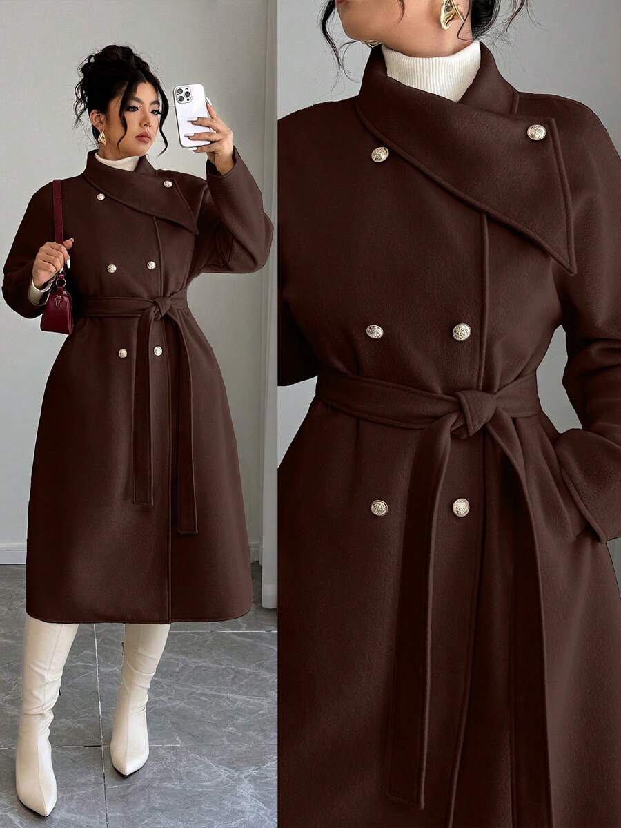 SHEIN PETITE CURVE 秋冬女装时尚百搭纯色双排扣大衣 - 咖啡棕 - 查看 1