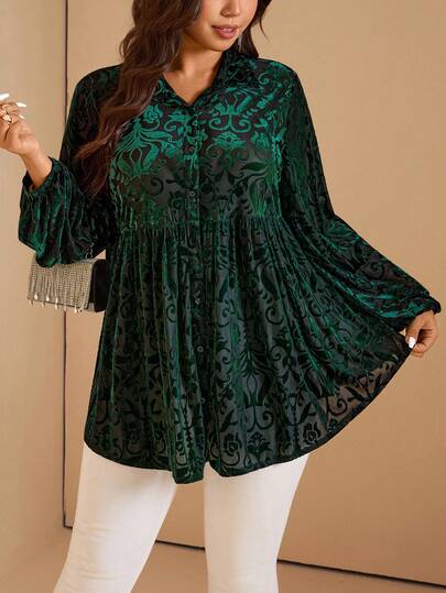 Comfylo Plus Size Women Velvet Burnout Lantern Sleeve Loose Blouse With Ruffle Hem,Christmas Plus Size Green Blouse Boho Tops Plus Size Plus Size Western Tops Plus Size Blouses For Women Winter New Year Thanksgiving Plus Size Elegant Party Elegant Women's Blouses Sparkly Top Winter Cozy Fall And Winter Fall Winter 2025 Women New Year Look Sparkly Top Christmas Party Boho Blouse