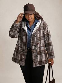 Zelara Women's Vintage Plaid Fleece Plus Size Loose Coat,Brown Winter Casual Hiking White Zip-Up Hoodie,Fall Thanksgiving Warm Cozy New Year Outerwear - Coffee Brown - View 6