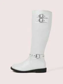 CUCCOO DOLLMOD 女式中筒靴，圆头金属扣，时尚经典百搭 - 白色 - 查看 2