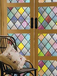 1 Roll Retro Diamond Window Decorative Film, Rainbow Grid Static Cling Privacy Film, Non-Adhesive UV Blocking, For Home Decor, Size 17.7 X 118 Inch - 彩色 - 查看 3