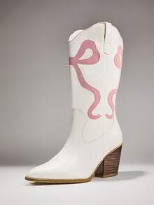 SHUZIA Women's Glamorous Point Toe Block Heel Embroidery Mid-Calf Cowgirl Boots