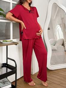 Moonlight&Mama Romantic Solid Color Comfortable Milk Silk Bow Maternity Pajama Set - Burgundy - View 6