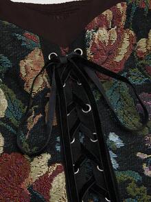 Sweetra 大码提花拼布系带露肩喇叭袖连衣裙 - 咖啡棕 - 查看 3