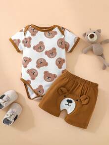 SHEIN Playful Pals Bộ 2 món cho bé sơ sinh trai/gái, kiểu dáng thường ngày, in hình gấu dễ thương, áo liền quần tay ngắn và quần short, thích hợp cho các hoạt động ngoài trời, mùa xuân/hè. - Nhiều màu - Xem 2