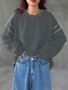 FRIFUL 女士撞色圆领长袖宽松休闲百搭T恤 - 灰色 - 查看 3
