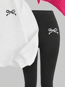 SHEIN Leap Crew 2 件套青少年女孩休闲简约蝴蝶结装饰圆领厚实柔软运动衫和紧身打底裤套装，适合秋冬季，休闲装，轻松舒适，儿童秋季分层，时尚儿童，休闲装，返校，秋装，返校节，适合户外、郊游、街头摄影、家居 - 彩色 - 查看 5