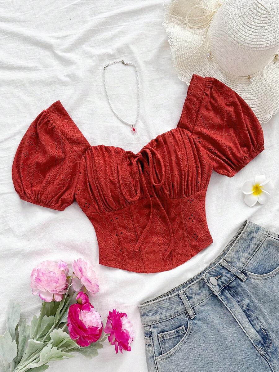 Soleia New Arrival Burgundy Textured Knit Ruched Bust Split Design Women Top,Red Tops For Women - Burgundy - View 1