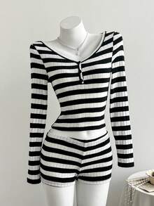 Comfortcana Women's Contrast Color Striped Long Sleeve Top And Shorts 2 Pieces Set