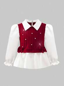 Tenue décontractée de printemps/automne pour filles, comprenant une chemise bordeaux avec décoration de nœud 3D, un tricot perlé, un col et une bordure volantés, associée à un pantalon évasé kaki orné de perles, un ensemble 2 pièces, convenant pour la rentrée scolaire, le style décontracté, la mode, le look mignon et confortable pour l'extérieur/les voyages