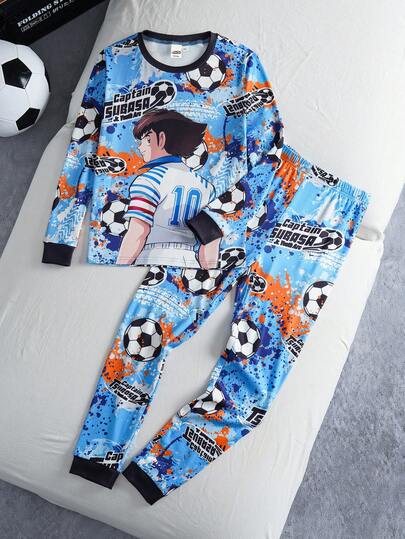 Captain Tsubasa X SHEIN 2pcs Tween Boy Casual Comfortable Football Player Graphic Crew Neck Long Sleeve Top And Pants Pajama Set