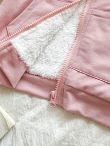 Vintaside Kids 1pc Baby Girls' Winter New 2025 Korean Style Shrimp Pink Ruffle Trim Pocket Zipper Front Hooded Thermal Lined Jacket, Simple Fashionable Versatile Commuting Cold-Proof Thick Outerwear For School - Pink - View 8