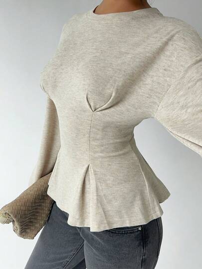 Aloruh Damen Lässig Rundhals T-Shirt mit geraffter Taille, einfarbiges T-Shirt für den täglichen Weg zur Arbeit und zum Zuhause tragen, Langarm Strick T-Shirt mit Chiffon