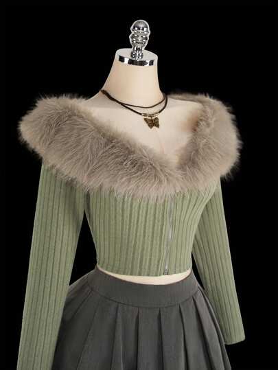 SHEIN ICON Plus Size Off Shoulder Fuzzy Trim Crop White Jacket, Fall Women Clothes,Fall Outfits/Winter