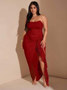 SHEIN BAE Váy xòe xếp nếp màu xanh lá cây cỡ lớn dành cho nữ xuân/hè, váy xẻ tà cao màu xanh lá cây, váy đi biển thanh lịch, váy dự tiệc bãi biển, váy đi chơi đêm, váy sinh nhật, váy sang trọng gợi cảm, váy lưới - Đỏ - Xem 2