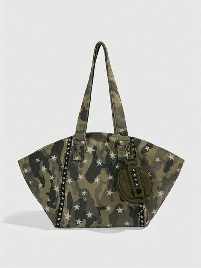 Grunge Punk 1pc Punk-Style Star-Pattern Camouflage Crossbody Bag, Paired With A Tactical Wallet Pouch Pendant, A Sweet And Cool Star-Decorated Handbag