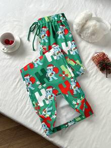 Sunnyshic 1pc Women's Casual Loose Fit Straight Leg Pants With Elastic Waist, Green Christmas Santa Claus & Tree Print, Thermal Lined, Comfortable & Soft, Suitable For Christmas, Dates, Autumn/Winter