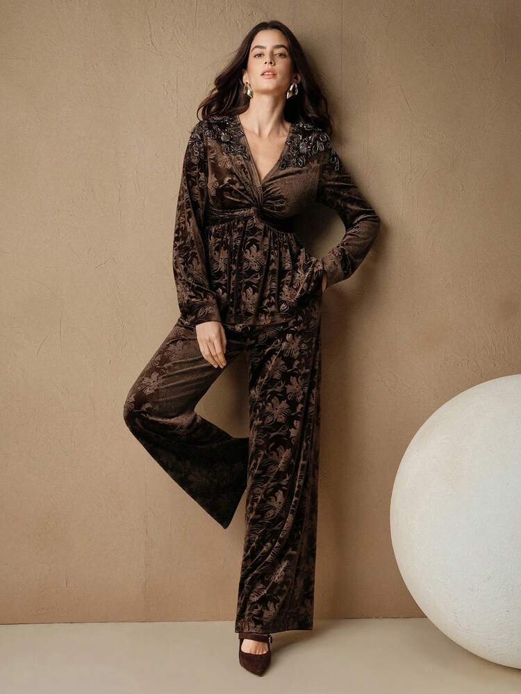 Floral 3D Embossed Velvet Applique Beaded V-Neck Long Sleeve Top And High-Waisted Straight Leg Pants Set, Suitable For Fall, Winter, New Year, Party, Wedding, Elegant, Chic, Stylish, Casual